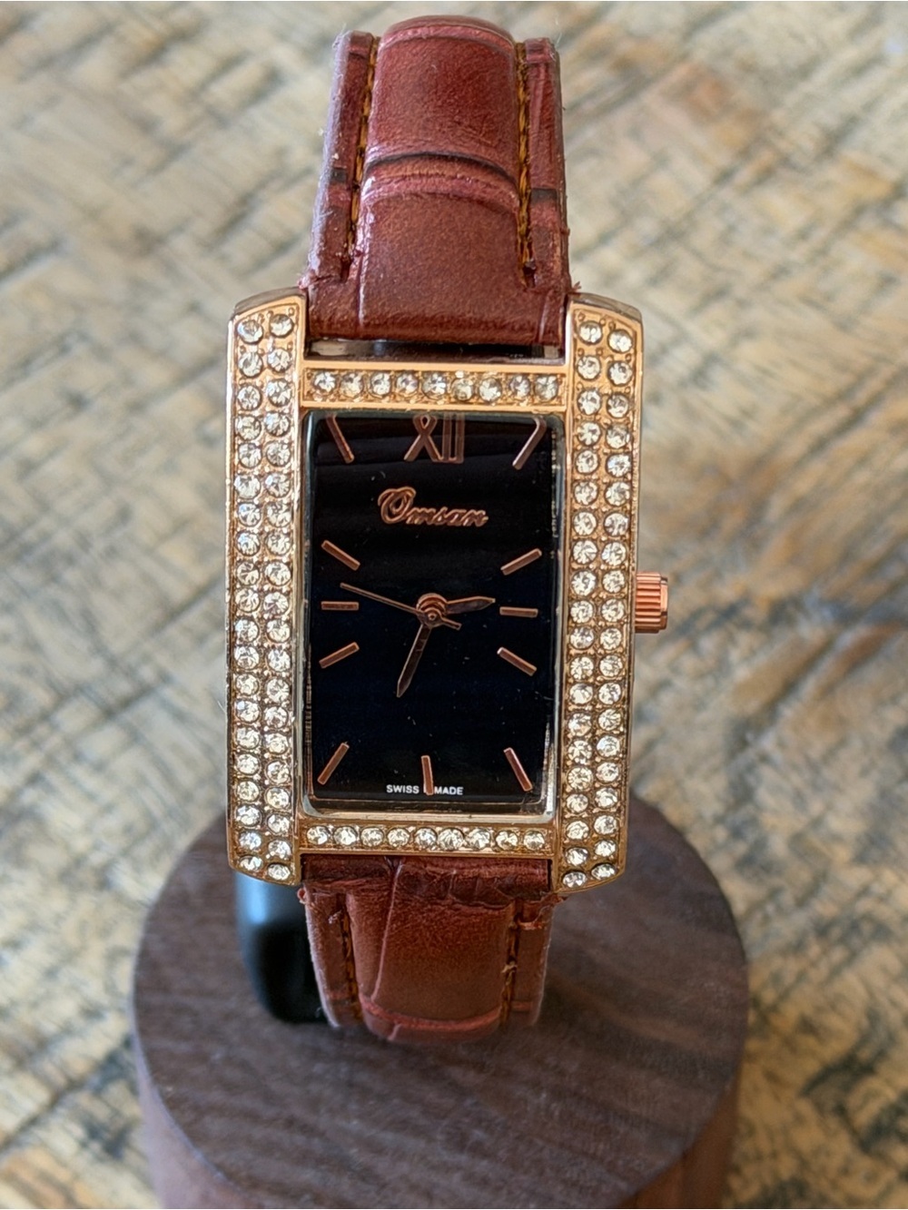 NEW! Omcan Crystal Rectangle Women’s Watch Brown Leather Swiss Made - Picture 1 of 6